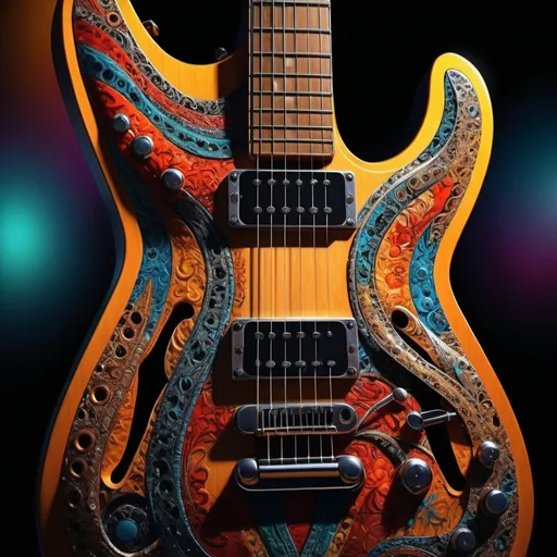 Prompt: (realistic abstract of a guitar), ultra-detailed, high quality, vibrant colors, deep contrast, dynamic composition, intricate patterns, modern art, artistic brilliance, high depth cinematic look, dramatic lighting, stimulating and intriguing atmosphere, background blending seamlessly with the foreground elements, visually striking, imaginative, creative expression, gallery-worthy artwork, premium artwork quality, 4K artistry