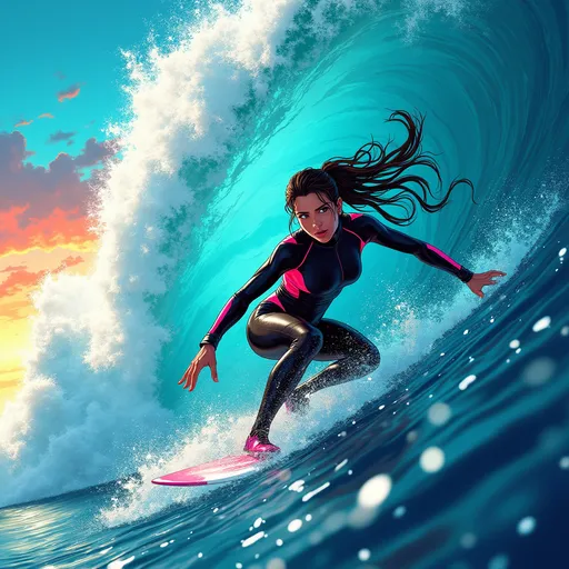 Prompt: make an illustration of huge waves surfer young woman wearing a neoprene suit surfing huge waves in manga style, use bright colors