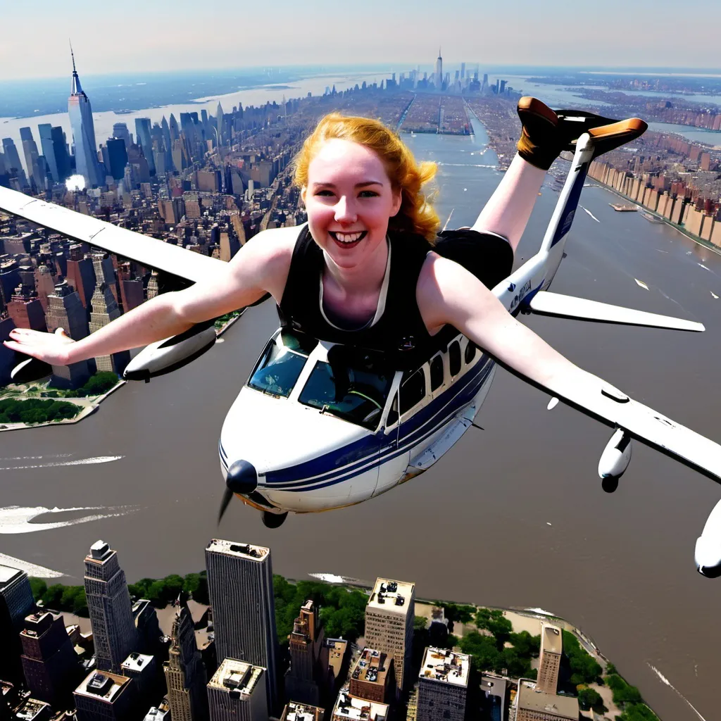 Prompt: Lauren Hill flying plane over new york city