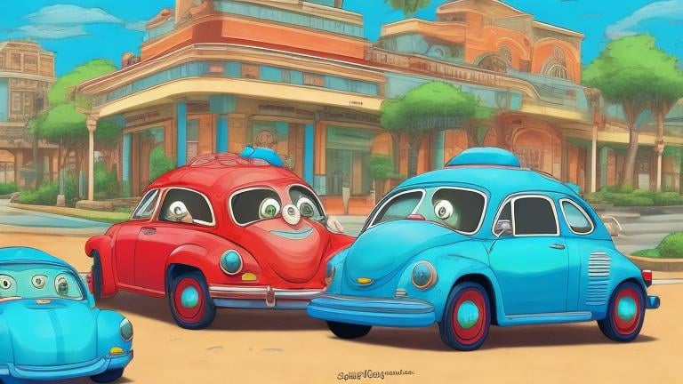 Prompt: Turtle driving a blue car, grandma in red car, suburban setting, vibrant colors, cartoonish style, sunny lighting, detailed shells, happy expressions, professional quality, cartoon, vibrant colors, detailed shells, sunny lighting, suburban, playful