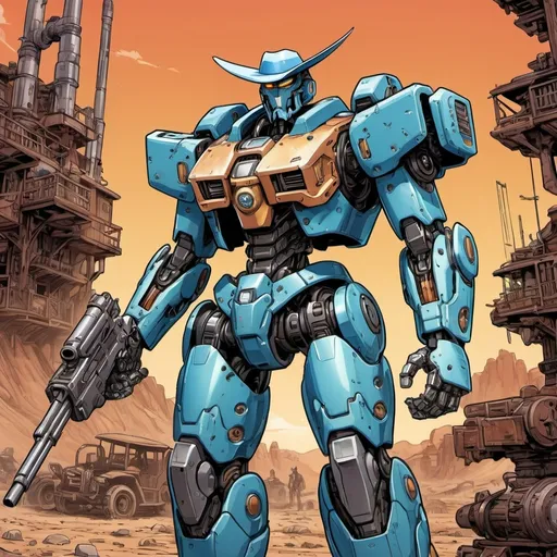 Prompt: A dynamic very humanoid cowboy gunslinger mecha .A human-sized very humanoid looking mecha cowboy in cowboy clothes wearing hat and a vest with firearm weapon concept art. Colored comic cover style. Outlines, comic art, vibrant colors, wild west saloon background with combination of futuristic cyberpunk design, high resolution, very comic- like art, depth, cross-hatching, comic typography,mecha design, colored manga art style, very machinery mecha looking, highly detailed machinery and mecha suit design, full body pose