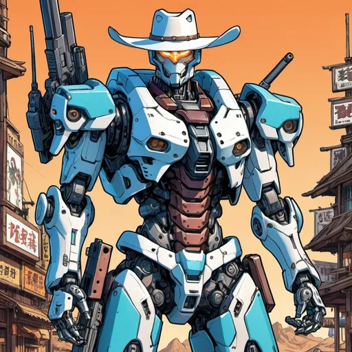 Prompt: A human-sized very humanoid looking mecha cowboy in cowboy clothes with firearm weapons concept art. Colored japanese manga cover style. Outlines, comic art, vibrant colors, wild west saloon background with combination of futuristic cyberpunk design, high resolution, very comic- like art, depth, cross-hatching, comic typography,mecha design, colored manga art style, very machinery mecha looking, highly detailed machinery and mecha suit design, full body pose, very comic like