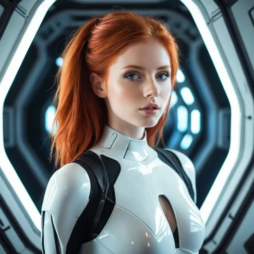 Prompt: A beautiful redhead girl in a futuristic spaceship