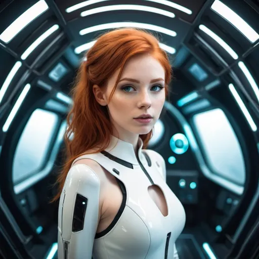 Prompt: A beautiful redhead girl in a futuristic spaceship