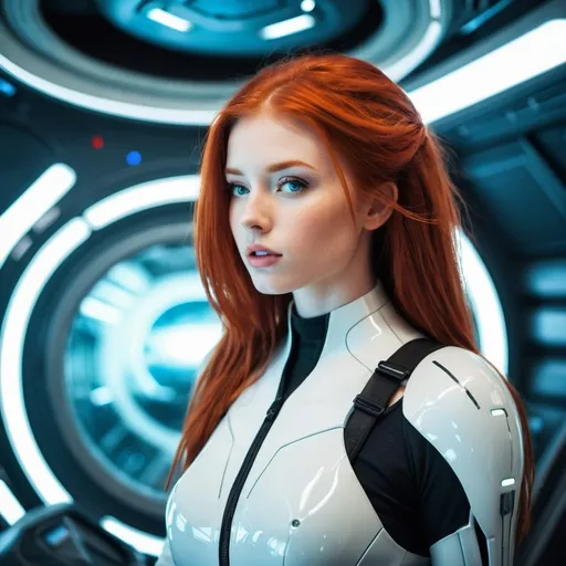 Prompt: A beautiful redhead girl in a futuristic spaceship