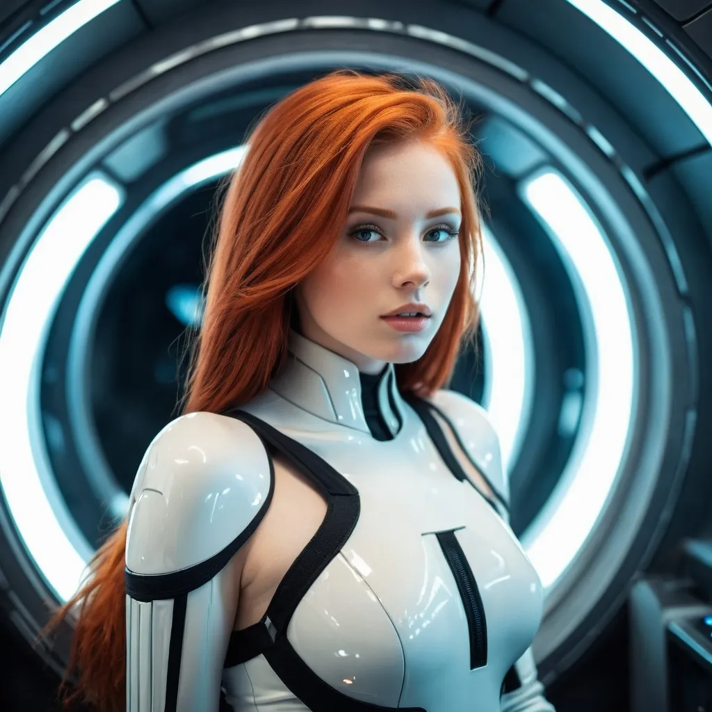 Prompt: A beautiful redhead girl in a futuristic spaceship