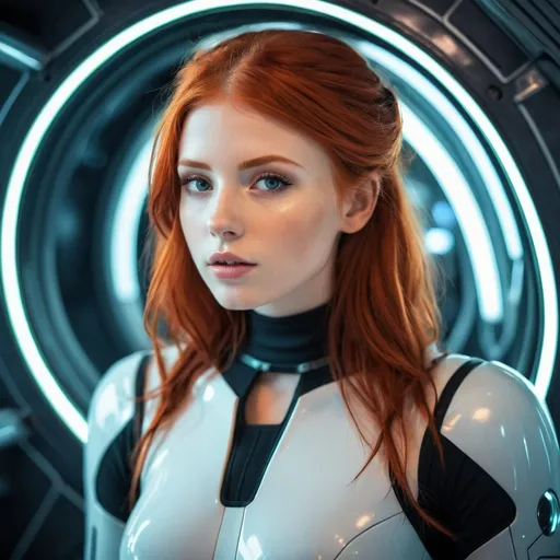 Prompt: A beautiful redhead girl in a futuristic spaceship