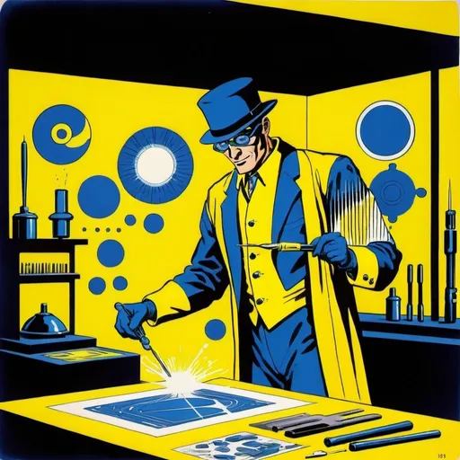 Prompt: Silk screen comic book illustration, A technological magician dressed in indigo and yellow who is displaying his art using his tools,1960s retro futurism