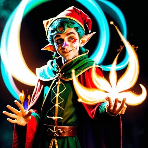 Prompt: An elf jester magician who is displaying the powers of the air, fantasy character art, illustration, dnd, warm tone