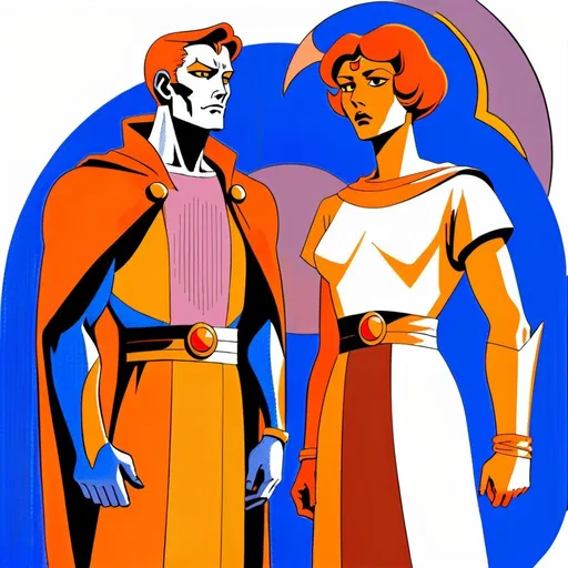 Prompt:  Two human figures, one male and one female whom personifying the Oracle of the Mighty Gods, in orange, pale mauve, new yellow leather and reddish grey inclined to mauve, dramatic, graphic novel illustration,  2d shaded retro comic book