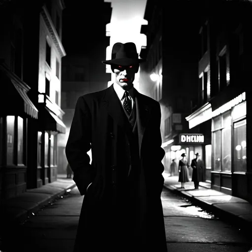 Prompt: dim, night film noir photography, 
a sharp dressed demon,  three quarter wiew, battlefield scenario lovely, merciless, ignominous and pale, sweet, digital art, 1950s, city background, shadows