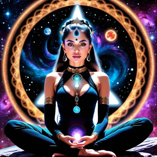 Prompt:  Black Hole goddess sitting in the lotus asana,  Space goddess,  mystical energy aura,portrait, masterpiece, 8k resolution, warp space background, Caza art, digital art