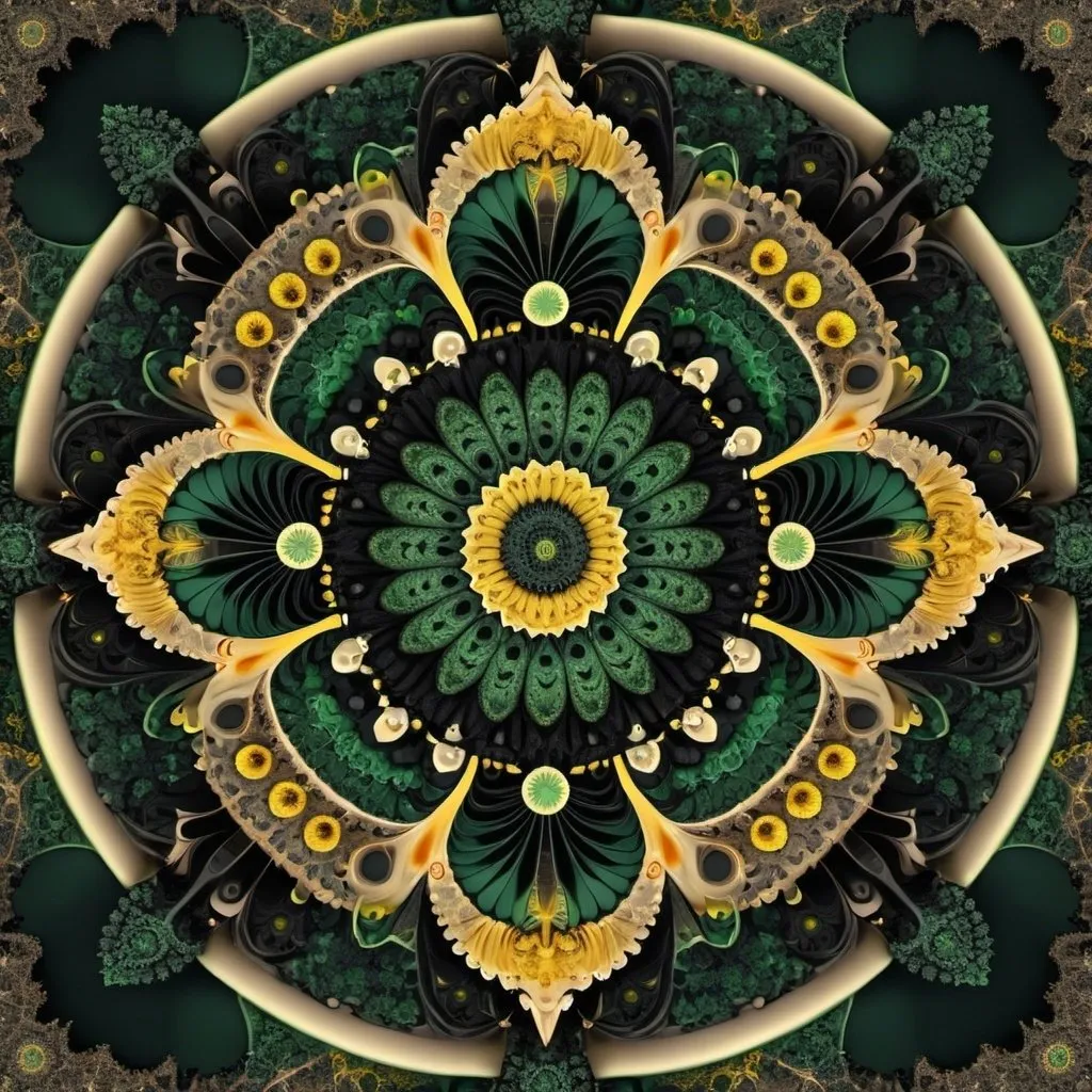 Prompt: 7+√(777×tan(7+7), mandala, centered,dark green,yellow greenish and coal black, organic matter, cellular colony, fractal,hyperdetailed, masterpiece, 3d modelling, deep,abstract art, digital art