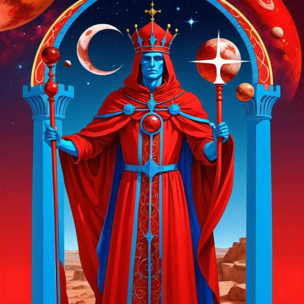 Prompt: A human figure who personifying the tarot of The Tower, dressed in scarlet, red, venetian red and bright red rayed azure, exciting intelligence, the Lord of the Hosts of the Mighty, Mars, Caza art, digital art