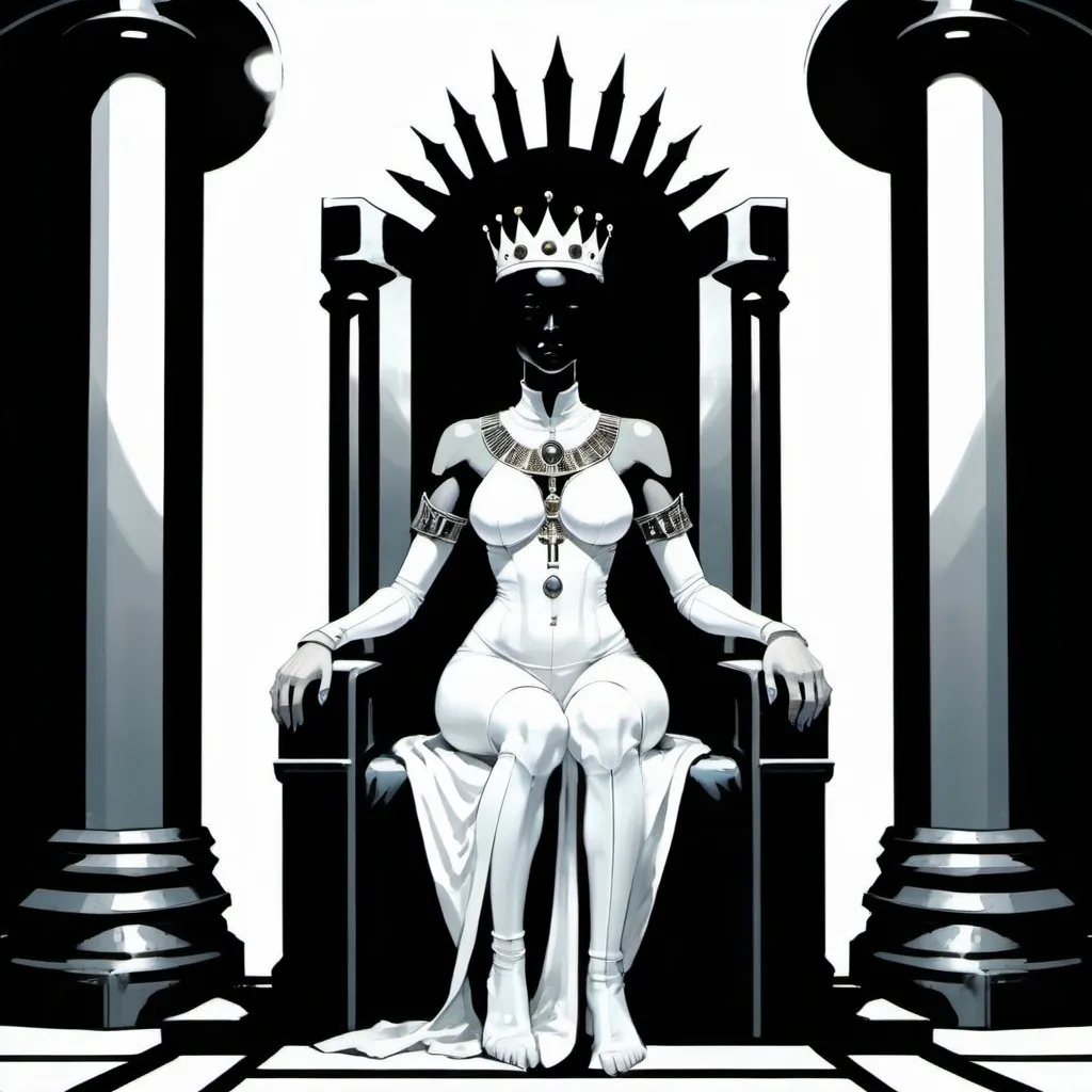 Prompt: A crowned priestess half human and half machine who is sitting on a throne between two columns, one white and one black, digital art, science-fiction, pulp style