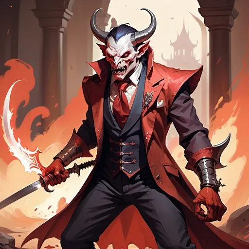 Prompt: 
a sharp dressed demon who is fighting with a sabre,  three quarter wiew, battlefield scenario lovely, merciless, ignominous and pale, sweet, fantasy character art, illustration, dnd, warm tone