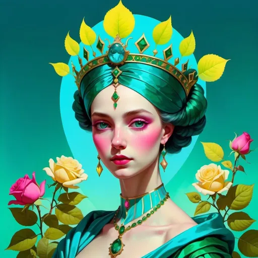 Prompt: The Empress, dressed in sky blue, emerald green, early spring green and bright rose of cerise rayed pale yellow, Illuminating intelligence, the Daughter of the Mighty Ones, Venus, Caza art, digital art