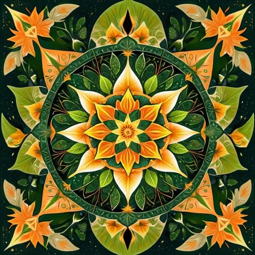 Prompt: A beautiful mandala that is starting from a eight pointed star in the center, growing in forest green leaves and orange flecked with yellow light, like the crown of a tree, shining bright, growing in symmetrical designs and arabesques, adorned with flowers, digital art, masterpiece, highly detailed, 4k resolution, abstract art, oriental art, digital art, photographic