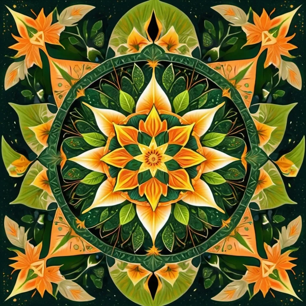 Prompt: A beautiful mandala that is starting from a eight pointed star in the center, growing in forest green leaves and orange flecked with yellow light, like the crown of a tree, shining bright, growing in symmetrical designs and arabesques, adorned with flowers, digital art, masterpiece, highly detailed, 4k resolution, abstract art, oriental art, digital art, photographic