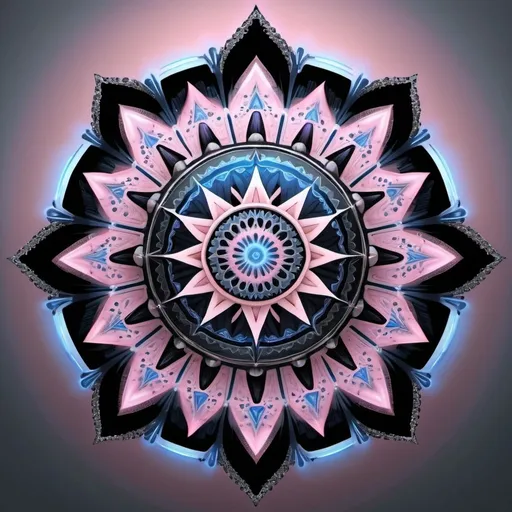 Prompt:  A beautiful mandala that is starting from a eight pointed star in the center, growing like a biomechanical organism, pale pink, black and metallic silver,like a living organism, shining bright, growing in symmetrical designs and arabesques, adorned with blue lights, digital art, masterpiece, highly detailed, 3d modelling, 4k resolution, abstract art, digital art, photographic