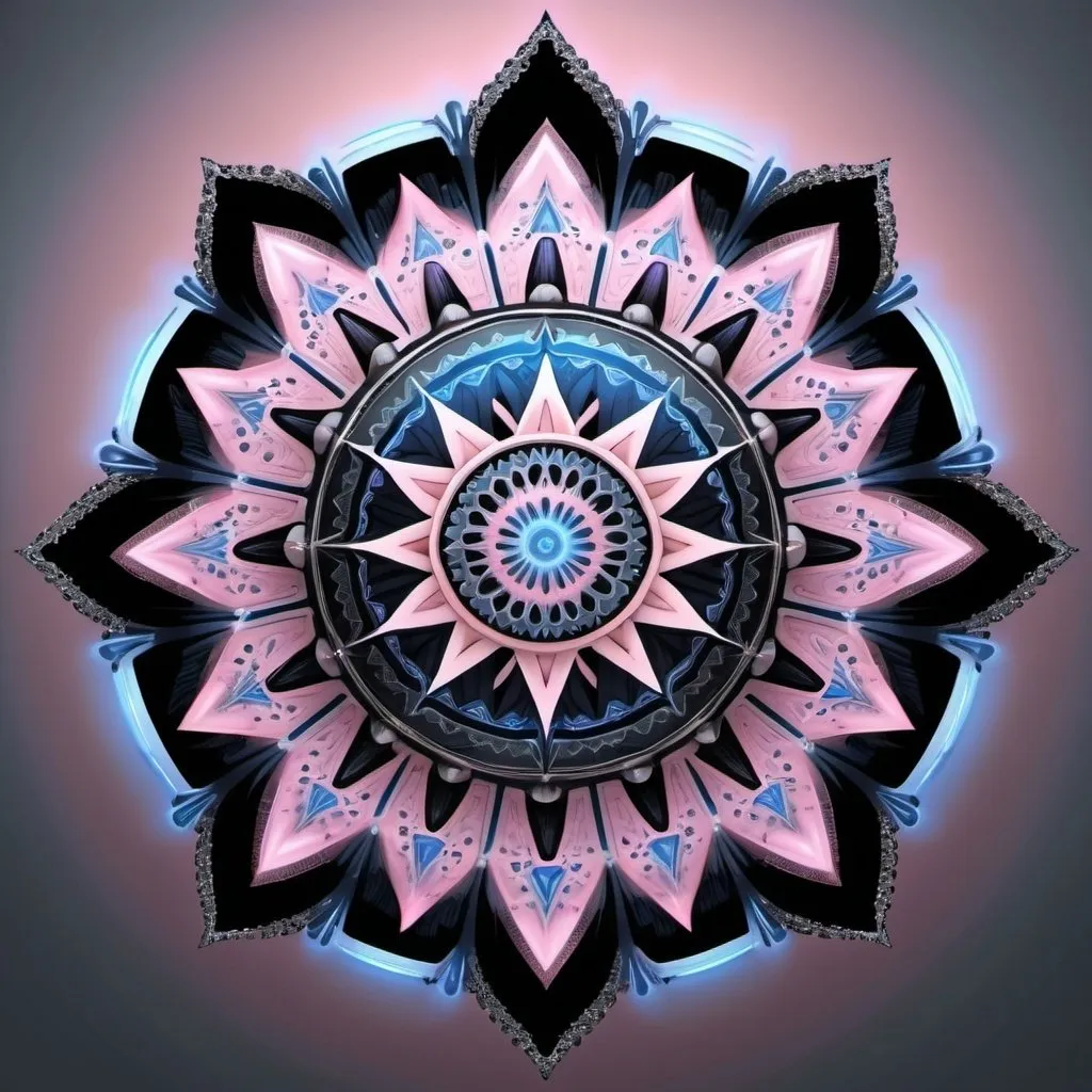 Prompt:  A beautiful mandala that is starting from a eight pointed star in the center, growing like a biomechanical organism, pale pink, black and metallic silver,like a living organism, shining bright, growing in symmetrical designs and arabesques, adorned with blue lights, digital art, masterpiece, highly detailed, 3d modelling, 4k resolution, abstract art, digital art, photographic