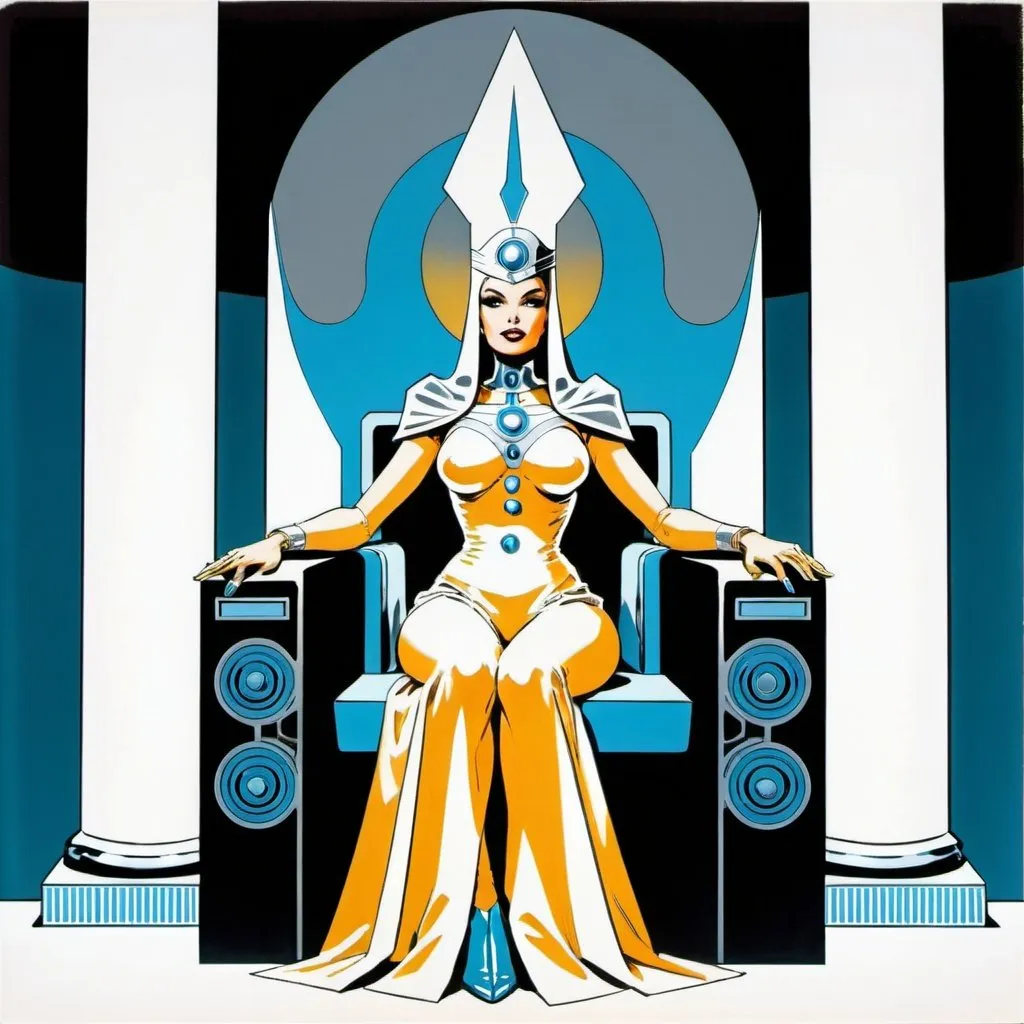 Prompt: Silk screen comic book illustration,A priestess half human and half machine dressed in silver and cold blue who is sitting on a throne between two columns, one white and one black,1960s retro futurism