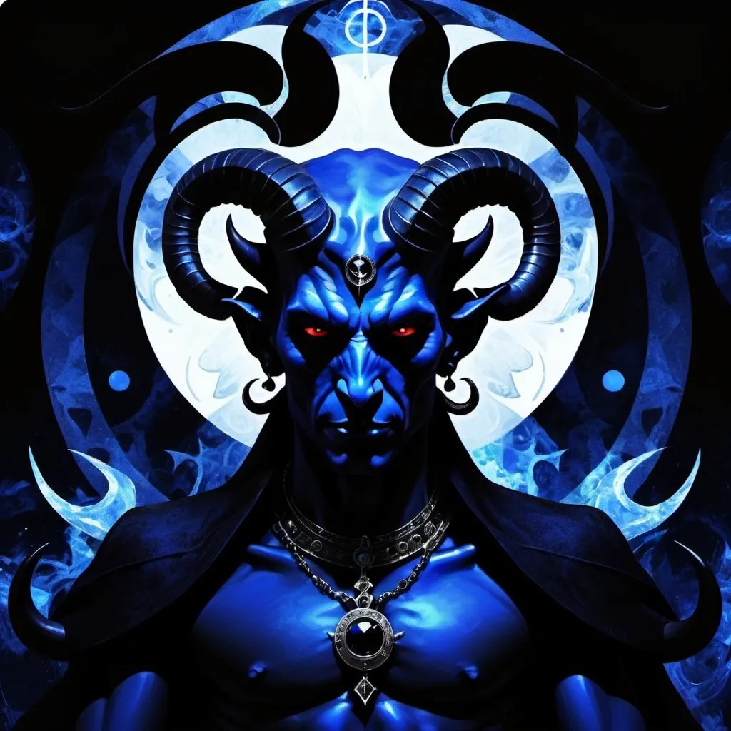 Prompt: The Devil, dressed in indigo, black, blue black and cold dark grey, renovating intlligence, the Lord of the Gates of Matter, the Child of the Forces of Time, Capricorn, Caza art, digital art