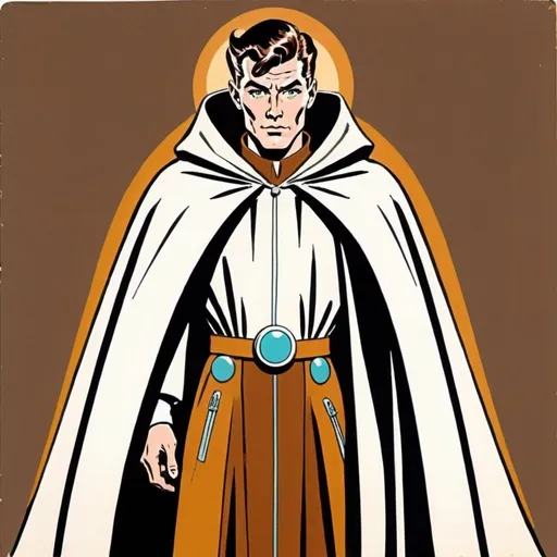 Prompt: Silk screen comic book illustration, male wizard wearing a robed mantle, brown pompadour haircut, pale, 1960s retro futurism