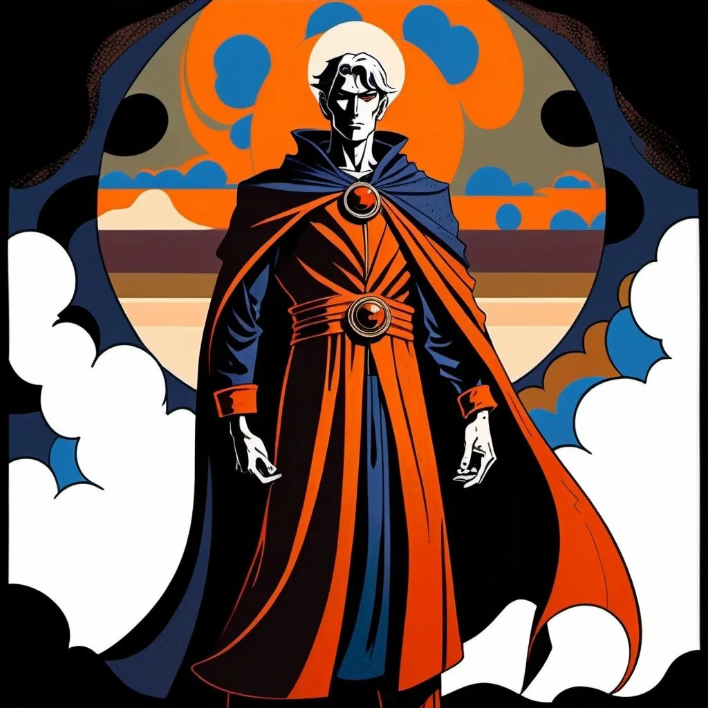 Prompt: A male human figure who personifying the Magus of the Eternal, in red orange, deep indigo, deep warm olive and rich brown, dramatic, graphic novel illustration,  2d shaded retro comic book