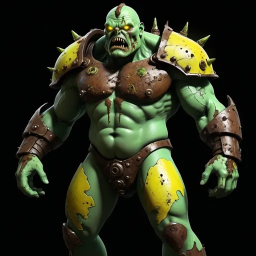 Prompt: Nurgle as a superhero,displaying his own power.((entropy, corruption, decay, resilient, master of toxins)),((dark green, dark rusted brown, yellow greenish)).(( Full figure wiew)). ((Three quarter wiew)),((deep wiew)),warped space scenario background,photographic,ultra high resolution,hyperdetailed, masterpiece, 3d modelling, digital art, abstract art. 