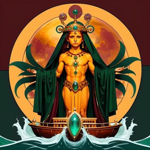 Prompt: The Chariot, dressed in amber,maroon, rich bright russet and dark greenish brown, intelligence of the house of influence, The Child of the Powers of the Waters, the Lord of the Triumph of Light, Cancer, Caza art, digital art