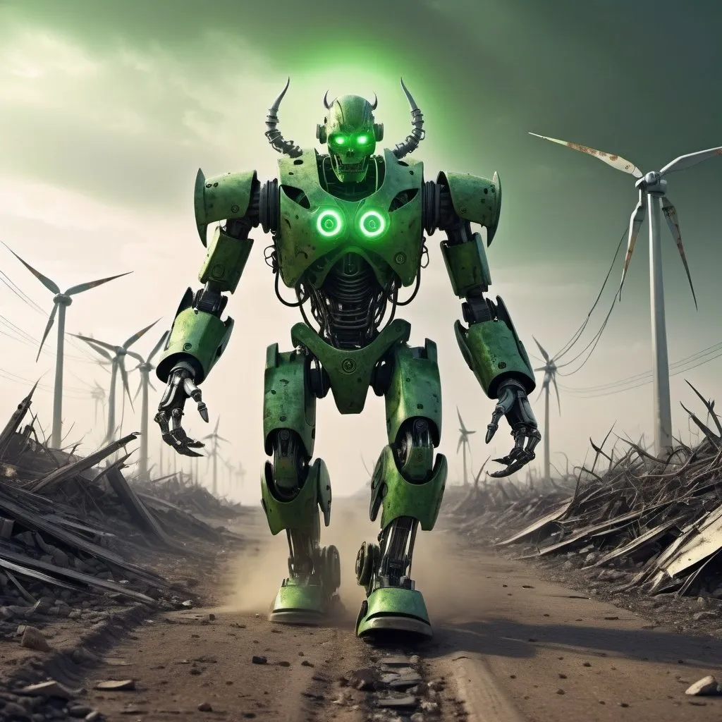 Prompt: A robotic demon is walking ahead, relentless,green energy aura,the end complete, supernatural,highly detailed, 4k resolution, masterpiece,wasteland scenario, Eliran Kantor art,digital art

