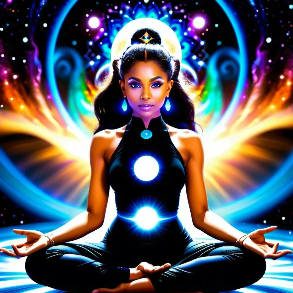 Prompt:  Black Hole goddess sitting in the lotus asana,  Space goddess,  mystical energy aura,portrait, masterpiece, 8k resolution, warp space background, Caza art, digital art