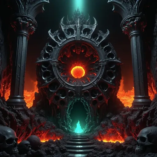 Prompt: A huge deep abyss made of black stone, incandescent magma, phosphorescent radioactive mineral, gates to hell, it ends in the bottom with a living organic obscurity, abysssanctum, procreation of the wicked, synthetic grotesque,highly detailed, 4k resolution, masterpiece, 3d modelling,digital art,gothic art