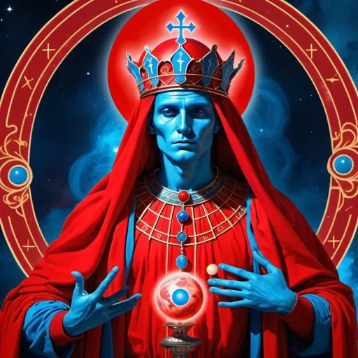 Prompt: A human figure who personifying the tarot of The House of God, dressed in scarlet, red, venetian red and bright red rayed azure, exciting intelligence, the Lord of the Hosts of the Mighty, Mars, Caza art, digital art