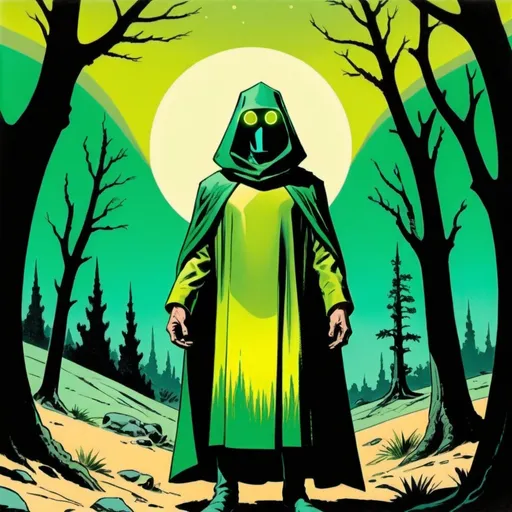 Prompt: Silk screen comic book illustration, a futuristic hermit dressed with a green yellowish cloke and cowl is standing in the wilderness bearing a light , 1960s retro futurism