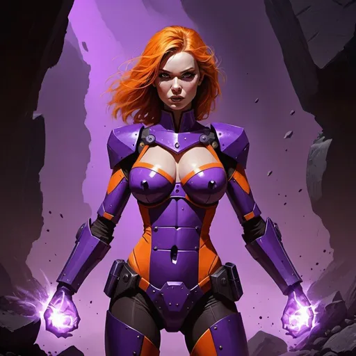 Prompt: The Crusher is coming, command with power, violet and dark orange ,female, sweet, three quarter wiew, digital art
