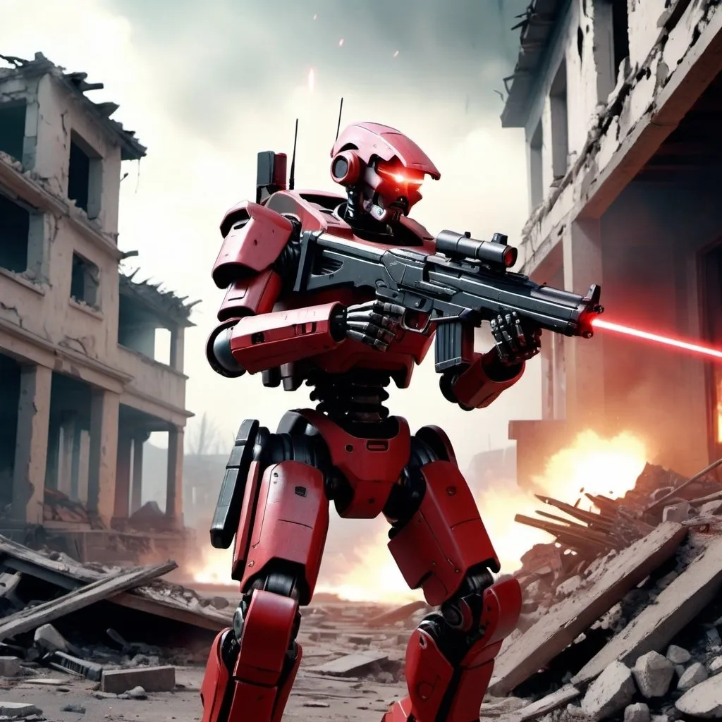 Prompt: A robotic soldier is moving trough a ruined town, firing at will, relentless,red energy aura, he's armed with a laser rifle and he's firing at the enemy, violent frame ,supernatural,highly detailed, 4k resolution, masterpiece, 3d modelling, battlefield scenario,digital art, Caza art, 1980s