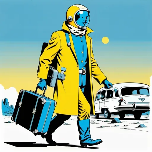 Prompt: Silk screen comic book illustration,A futuristic wanderer dressed in pale yellow and sky blue is wandering around carrying a suitcase,1960s retro futurism