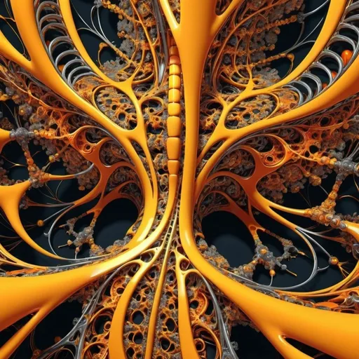 Prompt:  an intricate neural system made of chromed steel, titanium, vanadium and iron, dominant yellow and orange color tonality, growing on a fractal background, brilliant colours, masterpiece, highly detailed, 4k resolution,  3d modelling, digital art, abstract art