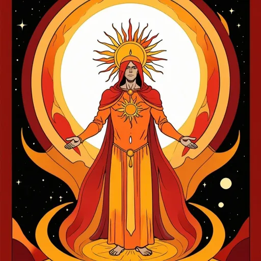Prompt: A human figure who personifying the tarot of The Sun, dressed in orange, gold yellow, rich amber and amber rayed red, collecting intelligence, The Lord of the Fire of the World, Sun, Caza art, digital art
