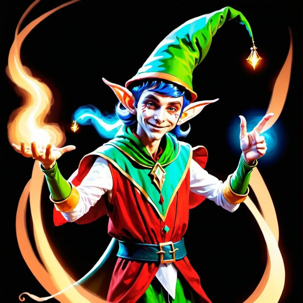 Prompt: An elf jester magician who is displaying the powers of the air, fantasy character art, illustration, dnd, warm tone