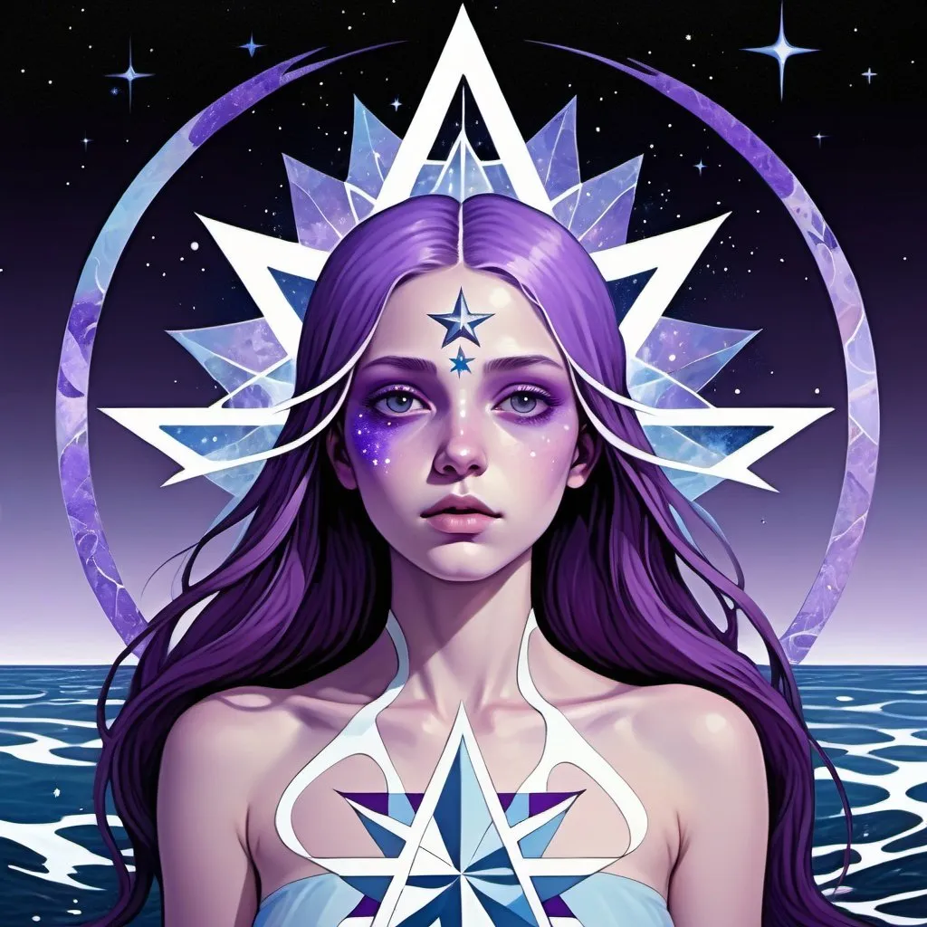 Prompt: The Star, dressed in violet, sky blue, blueish mauve and white tinged purple, natural intelligence, the Daughter of the Firmament, the Dweller between the Waters, Aquarius, Caza art, digital art