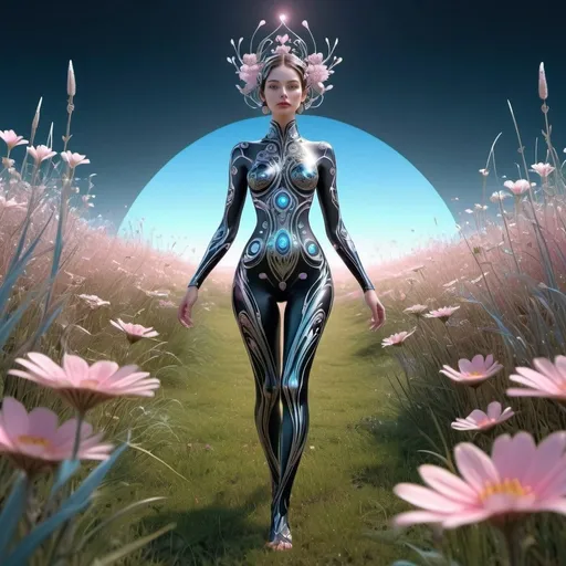 Prompt: A beautiful woman is walking in the middle of a flowery grassland, she's offering her hand, growing like a biomechanical organism, pale pink, black and metallic silver,like a living organism, shining bright, dressed with symmetrical designs and arabesques, adorned with blue lights, masterpiece, highly detailed, 3d modelling, 4k resolution, abstract art, digital art, photographic


