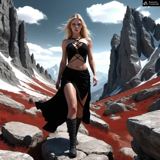 Prompt: π×(9+2+3)^(2)+1123369853, a beautiful woman is walking trough a rocky mountains scenario. She is a warrior and she is dressed in black and scarlet. She is blonde and has((demonic eyes)),((dark energy aura)),three quarter wiew, fractal,((deep wiew)),((changing perspectives)), warped space background, rocky mountains scenario,photographic,ultra high resolution,hyperdetailed, masterpiece, 3d modelling, abstract art.