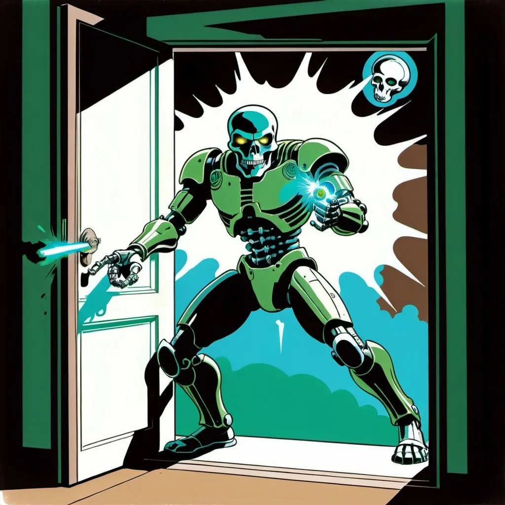 Prompt: Silk screen comic book illustration, A cyborg with a skull head is coming out from a door and firing with an energy weapon, dressed in green blue and dull brown, 1960s retro futurism