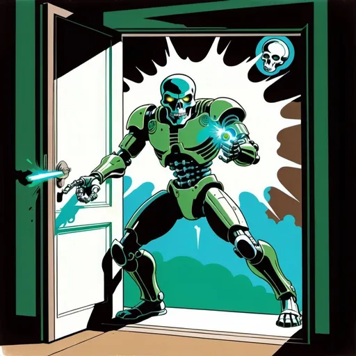 Prompt: Silk screen comic book illustration, A cyborg with a skull head is coming out from a door and firing with an energy weapon, dressed in green blue and dull brown, 1960s retro futurism