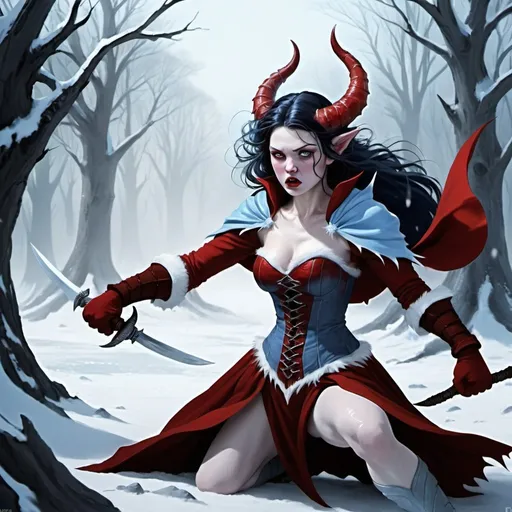 Prompt: A winter demon is fighting, battles in the north,icy creature, warrior, command with power, snow white, dark red and pale blue ,female, sweet, three quarter wiew, digital art