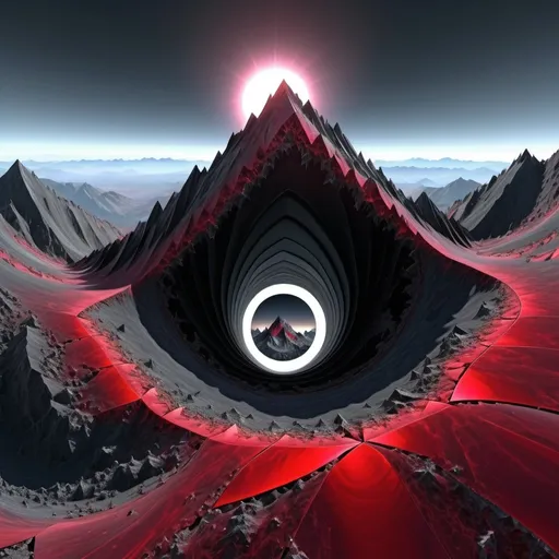 Prompt: π×(9+2+3)^(2)+1123369853, a mountain made of obsidian and ruby,three quarter wiew, fractal, divergent perspective focal point,((deep wiew)),((changing perspectives)), warped space background, rocky mountains scenario,photographic,ultra high resolution,hyperdetailed, masterpiece, 3d modelling, abstract art.