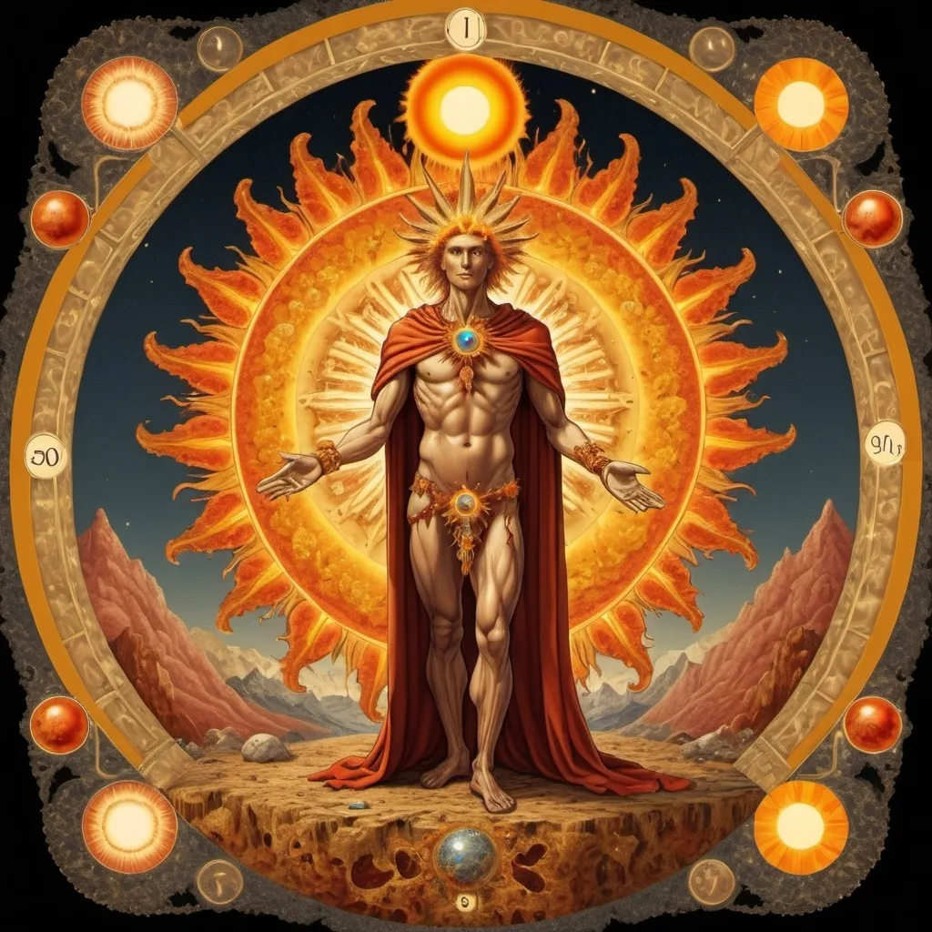 Prompt: A male human figure who personifying the tarot of The Sun, he is the wealthy one, the one who give richness to all the living beings, dressed in orange, gold yellow, rich amber and amber rayed red, collecting intelligence, The Lord of the Fire of the World, Sun,1÷10×√(50)×tan(78)+125^(2)÷√(8.888), fractal,organic matter, cellular colony, deep wiew,4k resolution,hyperdetailed, masterpiece, 3d modelling, abstract art, digital art